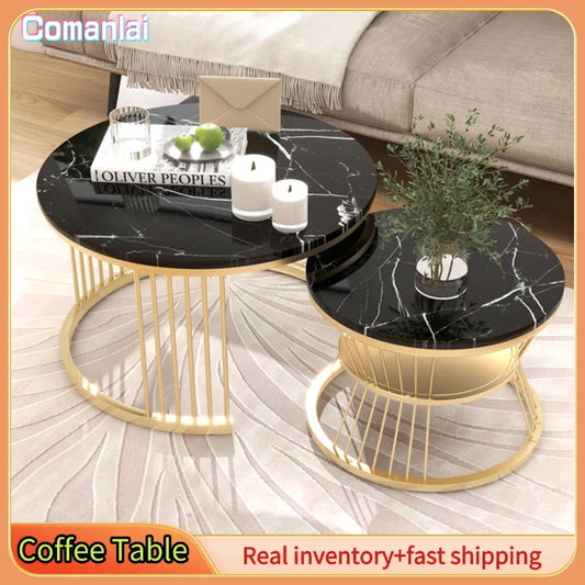 Comanlai Coffee Table Set of 2,Round Coffee Table,Simulation Marble Round Tables with Golden Metal Legs,for Reception Room,Black
