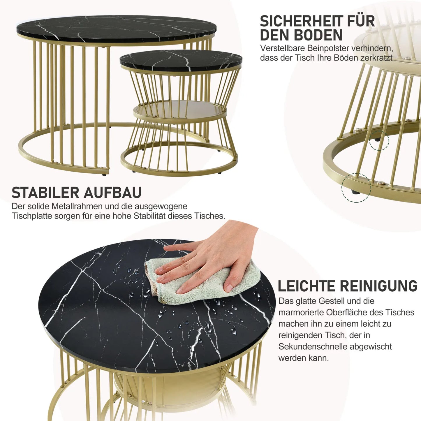 Comanlai Coffee Table Set of 2,Round Coffee Table,Simulation Marble Round Tables with Golden Metal Legs,for Reception Room,Black