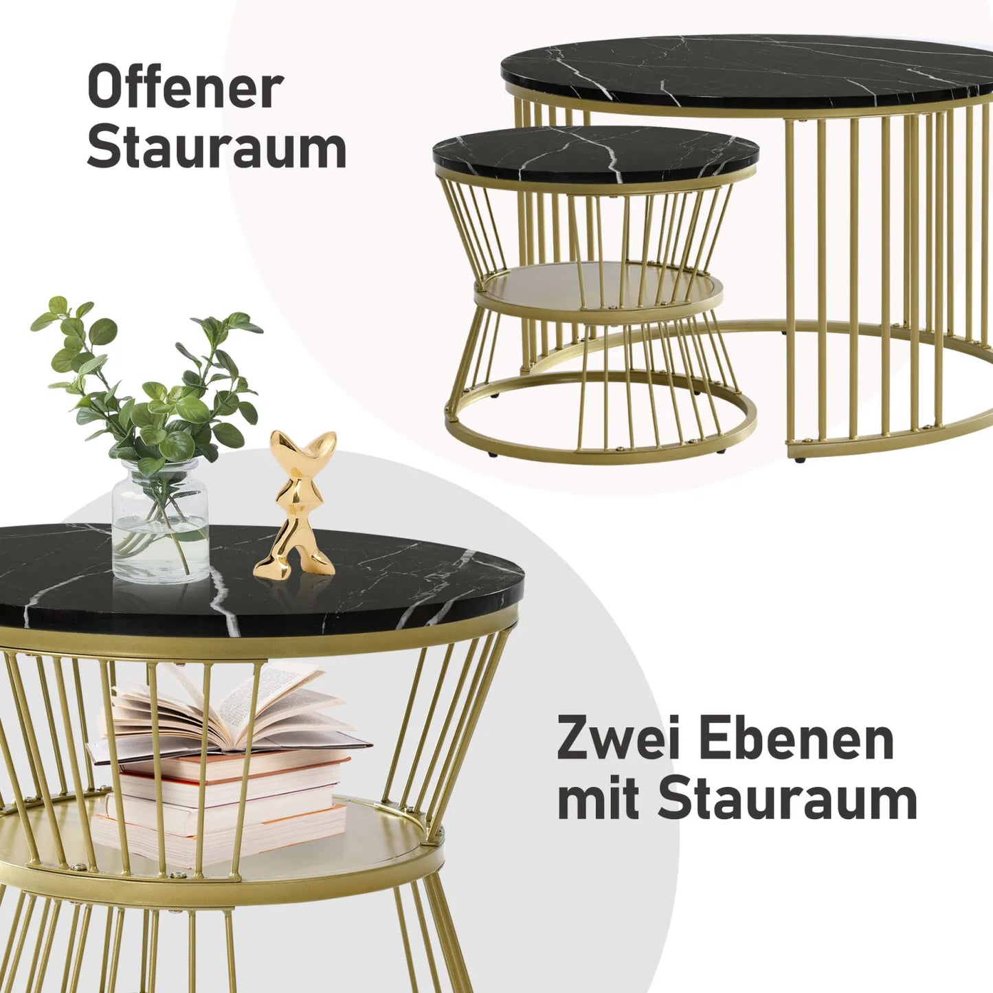 Comanlai Coffee Table Set of 2,Round Coffee Table,Simulation Marble Round Tables with Golden Metal Legs,for Reception Room,Black