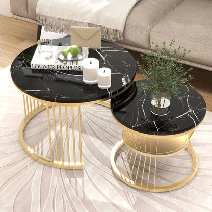 Comanlai Coffee Table Set of 2,Round Coffee Table,Simulation Marble Round Tables with Golden Metal Legs,for Reception Room,Black