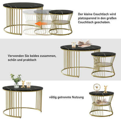 Comanlai Coffee Table Set of 2,Round Coffee Table,Simulation Marble Round Tables with Golden Metal Legs,for Reception Room,Black