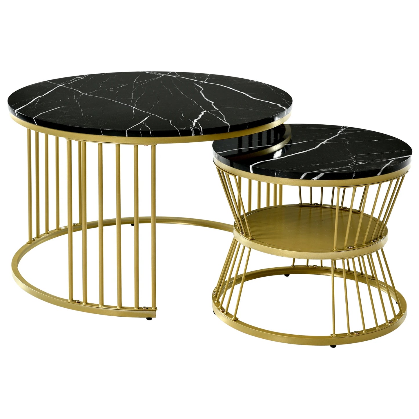 Comanlai Coffee Table Set of 2,Round Coffee Table,Simulation Marble Round Tables with Golden Metal Legs,for Reception Room,Black