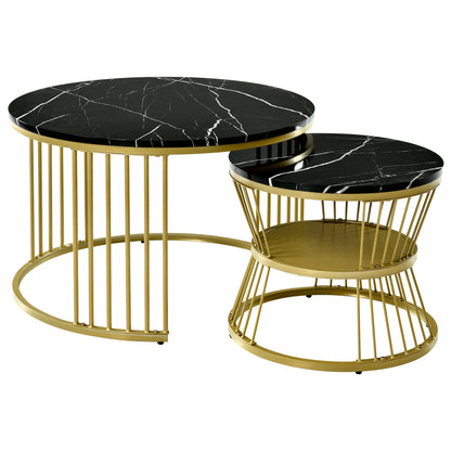 Comanlai Coffee Table Set of 2,Round Coffee Table,Simulation Marble Round Tables with Golden Metal Legs,for Reception Room,Black