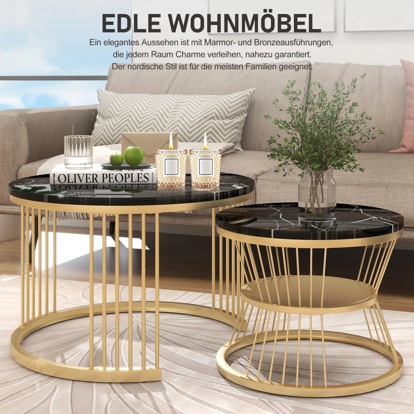 Comanlai Coffee Table Set of 2,Round Coffee Table,Simulation Marble Round Tables with Golden Metal Legs,for Reception Room,Black