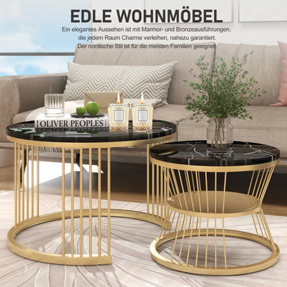 Comanlai Coffee Table Set of 2,Round Coffee Table,Simulation Marble Round Tables with Golden Metal Legs,for Reception Room,Black
