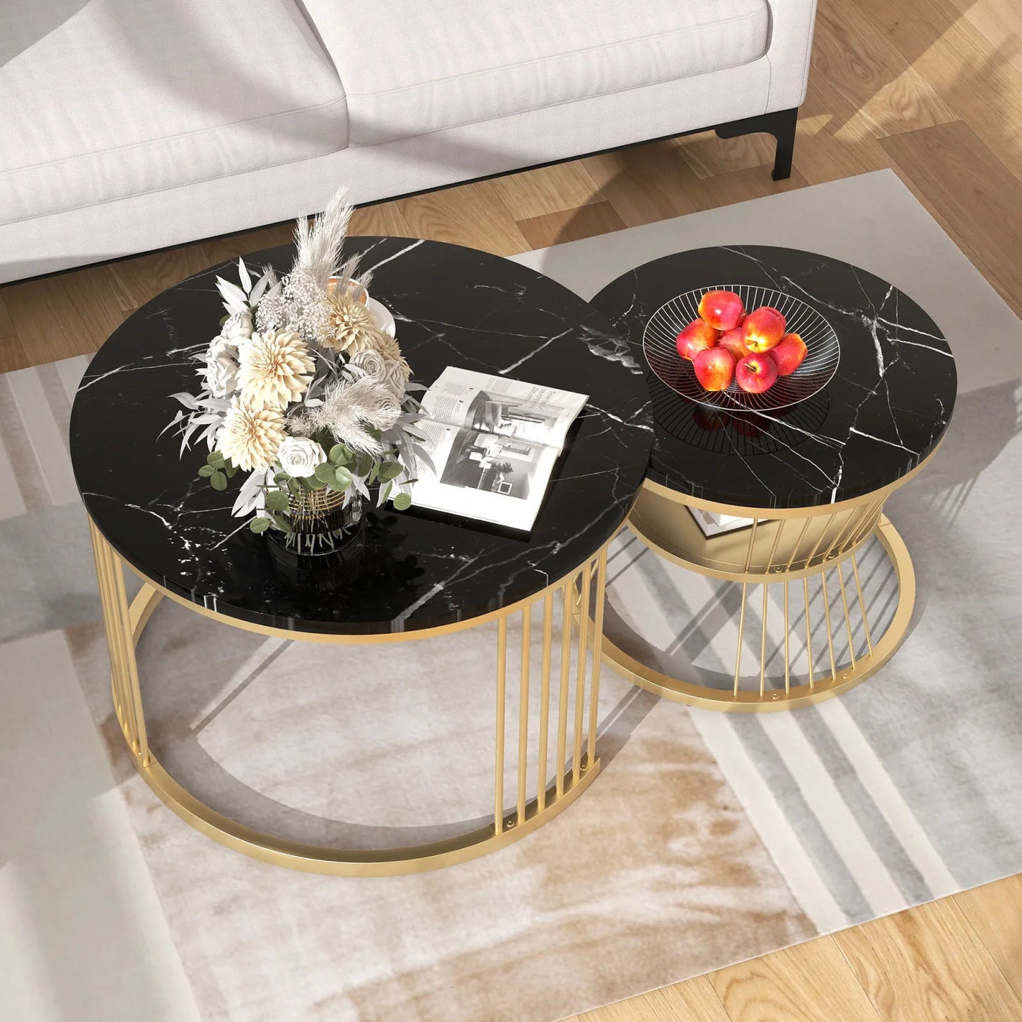 Comanlai Coffee Table Set of 2,Round Coffee Table,Simulation Marble Round Tables with Golden Metal Legs,for Reception Room,Black