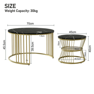 Comanlai Coffee Table Set of 2,Round Coffee Table,Simulation Marble Round Tables with Golden Metal Legs,for Reception Room,Black