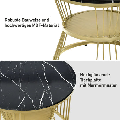 Comanlai Coffee Table Set of 2,Round Coffee Table,Simulation Marble Round Tables with Golden Metal Legs,for Reception Room,Black