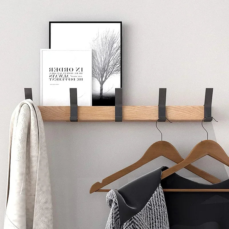 Bamboo Rack with Movable Aluminum Hooks No Need to Drill Coat Hat Clothing Hanger Wall-mounted Shelf for Bedroom Organization