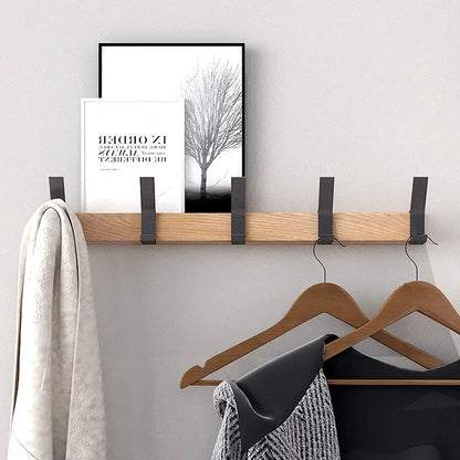 Bamboo Rack with Movable Aluminum Hooks No Need to Drill Coat Hat Clothing Hanger Wall-mounted Shelf for Bedroom Organization