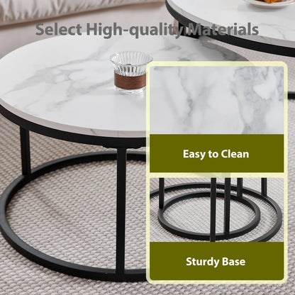 2 in 1 Marble Texture Coffee Table For Living Room Sofa Side Round Tea Desk Wooden Combination Furniture Metal Bracket Black