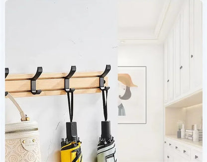 Bamboo Rack with Movable Aluminum Hooks No Need to Drill Coat Hat Clothing Hanger Wall-mounted Shelf for Bedroom Organization