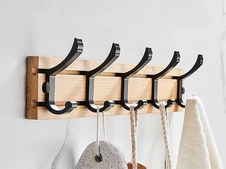 Bamboo Rack with Movable Aluminum Hooks No Need to Drill Coat Hat Clothing Hanger Wall-mounted Shelf for Bedroom Organization