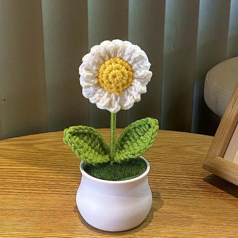 1/2/4Pcs DIY Handwoven Mini Potted Flower Rose Office Desktop Ornamental Potted Plants Woolen Thread Finished Product Home Decor
