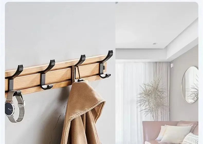 Bamboo Rack with Movable Aluminum Hooks No Need to Drill Coat Hat Clothing Hanger Wall-mounted Shelf for Bedroom Organization
