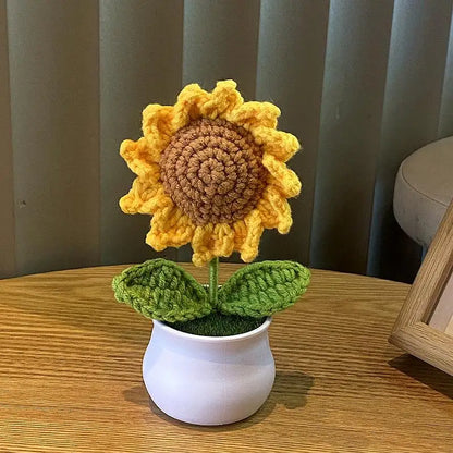 1/2/4Pcs DIY Handwoven Mini Potted Flower Rose Office Desktop Ornamental Potted Plants Woolen Thread Finished Product Home Decor