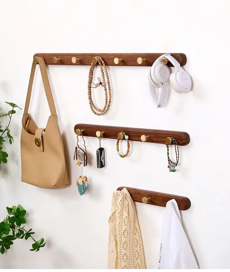 Black Walnut Solid Wood Brass Clothes Hook Entrance Foyer Coat Racks Wall Hanging Scarf Hats Keys Storage Shelf Furniture Decor