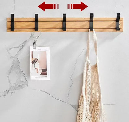 Bamboo Rack with Movable Aluminum Hooks No Need to Drill Coat Hat Clothing Hanger Wall-mounted Shelf for Bedroom Organization