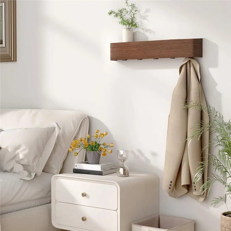 AT69 -Wall Mount Coat Rack With Hook- Modern Key Holder Wood Entryway Hooks With Shelf For Bedroom Kitchen Hallway