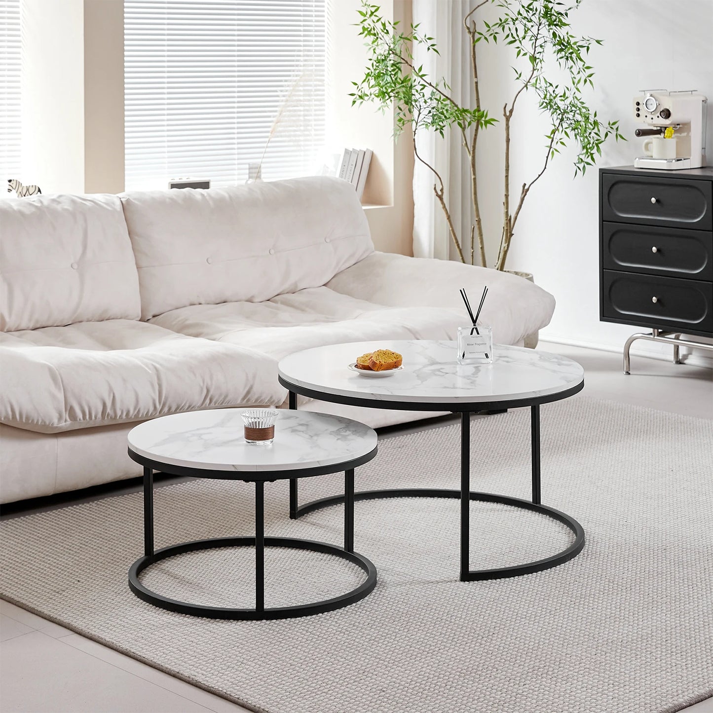 2 in 1 Marble Texture Coffee Table For Living Room Sofa Side Round Tea Desk Wooden Combination Furniture Metal Bracket Black