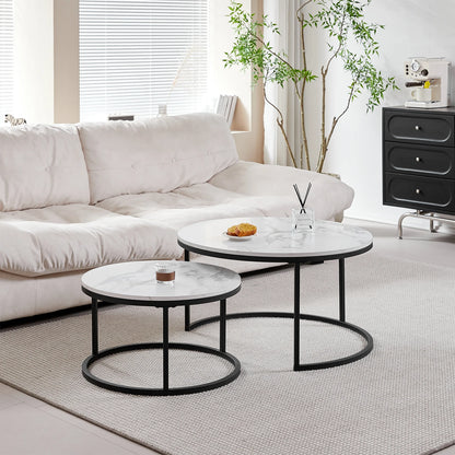 2 in 1 Marble Texture Coffee Table For Living Room Sofa Side Round Tea Desk Wooden Combination Furniture Metal Bracket Black