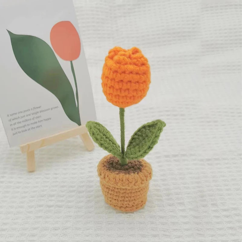 1/2/4Pcs DIY Handwoven Mini Potted Flower Rose Office Desktop Ornamental Potted Plants Woolen Thread Finished Product Home Decor