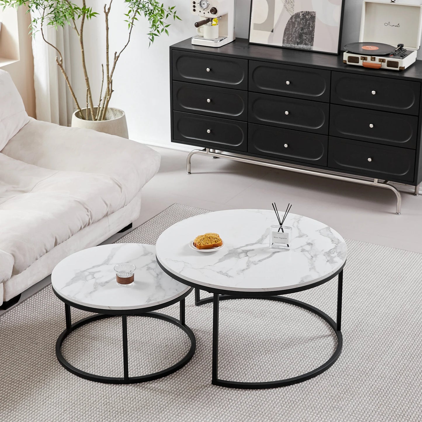2 in 1 Marble Texture Coffee Table For Living Room Sofa Side Round Tea Desk Wooden Combination Furniture Metal Bracket Black
