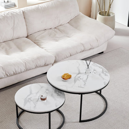 2 in 1 Marble Texture Coffee Table For Living Room Sofa Side Round Tea Desk Wooden Combination Furniture Metal Bracket Black