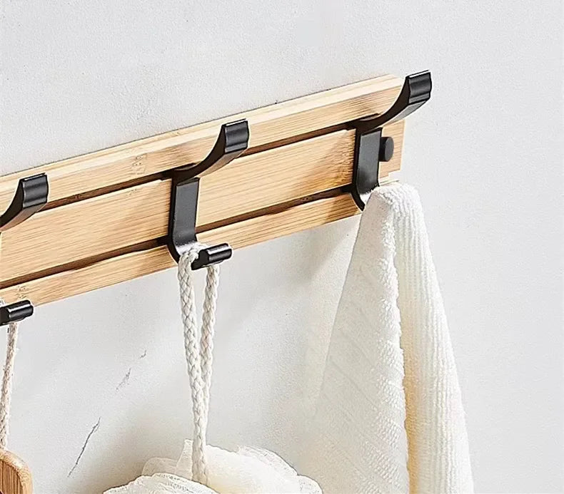 Bamboo Rack with Movable Aluminum Hooks No Need to Drill Coat Hat Clothing Hanger Wall-mounted Shelf for Bedroom Organization
