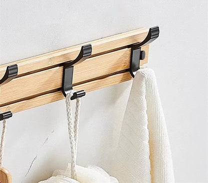 Bamboo Rack with Movable Aluminum Hooks No Need to Drill Coat Hat Clothing Hanger Wall-mounted Shelf for Bedroom Organization