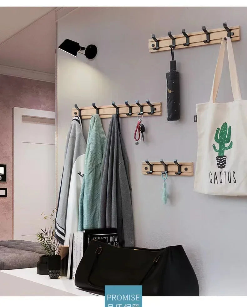 Bamboo Rack with Movable Aluminum Hooks No Need to Drill Coat Hat Clothing Hanger Wall-mounted Shelf for Bedroom Organization