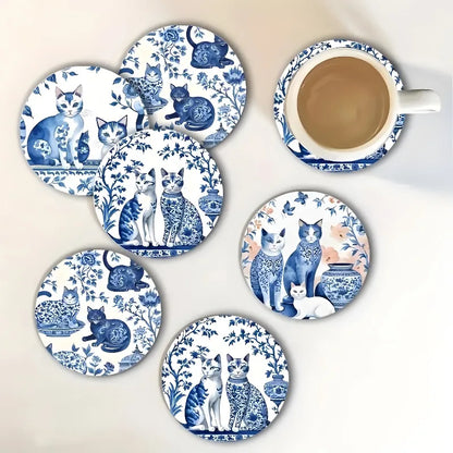 Coaster Set of 6 - Ceramic Cat Wooden Base with Floral Feline Illustration, Perfect for Coffee Table Kitchen Living Room Decor