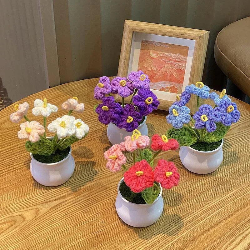 1/2/4Pcs DIY Handwoven Mini Potted Flower Rose Office Desktop Ornamental Potted Plants Woolen Thread Finished Product Home Decor
