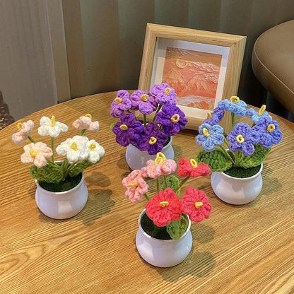 1/2/4Pcs DIY Handwoven Mini Potted Flower Rose Office Desktop Ornamental Potted Plants Woolen Thread Finished Product Home Decor