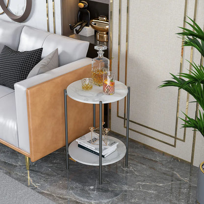 LUVODI 2-Tier Round Coffee End Tables Sofa Side Table Plant Stand with Storage Shelf Metal Frame for Living Room Bedroom