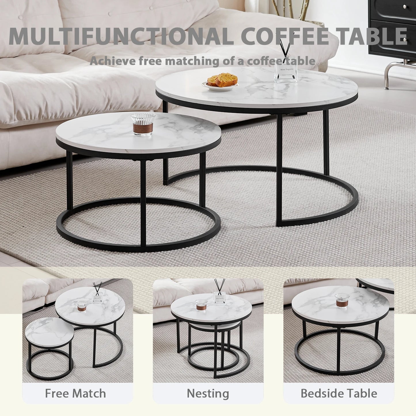 2 in 1 Marble Texture Coffee Table For Living Room Sofa Side Round Tea Desk Wooden Combination Furniture Metal Bracket Black