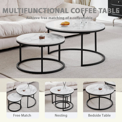 2 in 1 Marble Texture Coffee Table For Living Room Sofa Side Round Tea Desk Wooden Combination Furniture Metal Bracket Black