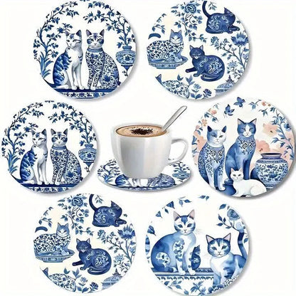Coaster Set of 6 - Ceramic Cat Wooden Base with Floral Feline Illustration, Perfect for Coffee Table Kitchen Living Room Decor