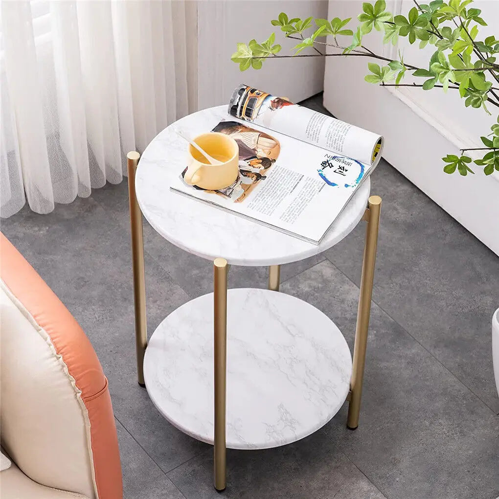 LUVODI 2-Tier Round Coffee End Tables Sofa Side Table Plant Stand with Storage Shelf Metal Frame for Living Room Bedroom