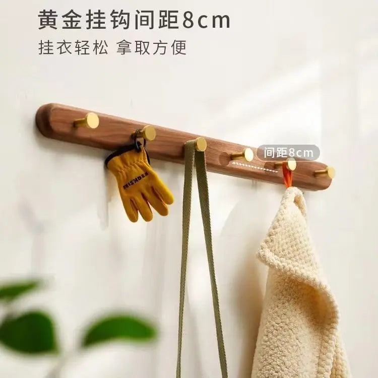 Black Walnut Solid Wood Brass Clothes Hook Entrance Foyer Coat Racks Wall Hanging Scarf Hats Keys Storage Shelf Furniture Decor