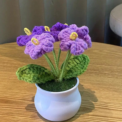 1/2/4Pcs DIY Handwoven Mini Potted Flower Rose Office Desktop Ornamental Potted Plants Woolen Thread Finished Product Home Decor