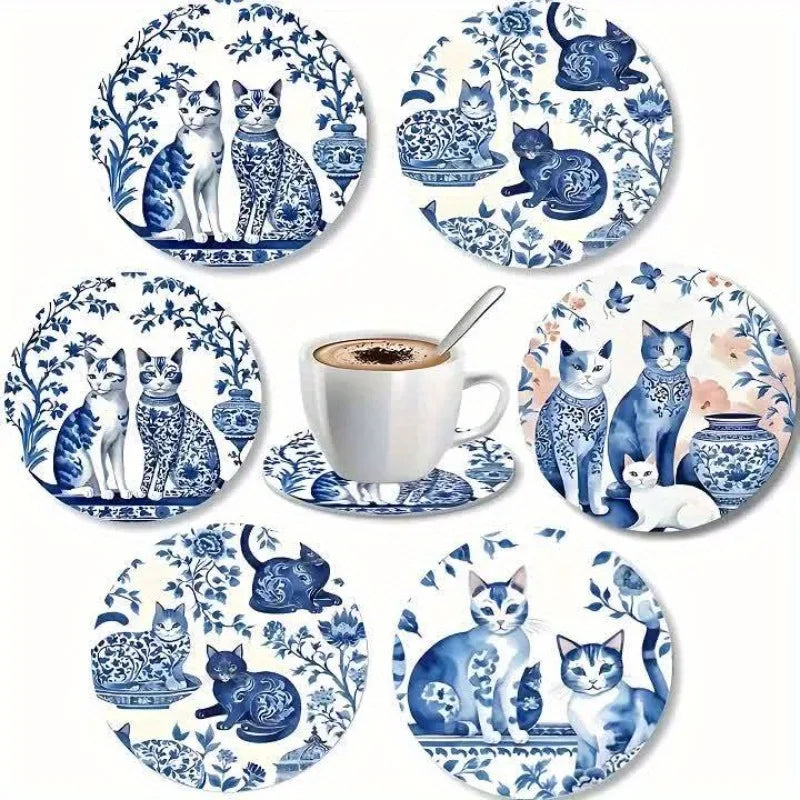 Coaster Set of 6 - Ceramic Cat Wooden Base with Floral Feline Illustration, Perfect for Coffee Table Kitchen Living Room Decor