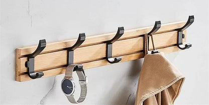 Bamboo Rack with Movable Aluminum Hooks No Need to Drill Coat Hat Clothing Hanger Wall-mounted Shelf for Bedroom Organization