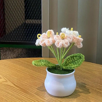 1/2/4Pcs DIY Handwoven Mini Potted Flower Rose Office Desktop Ornamental Potted Plants Woolen Thread Finished Product Home Decor