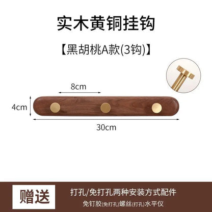 Black Walnut Solid Wood Brass Clothes Hook Entrance Foyer Coat Racks Wall Hanging Scarf Hats Keys Storage Shelf Furniture Decor