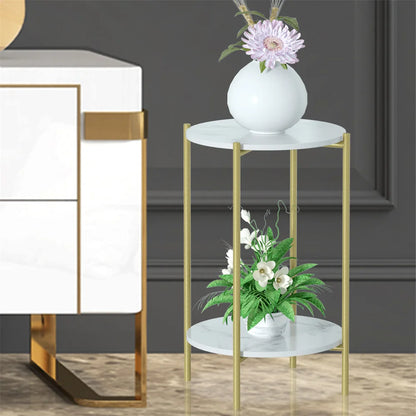 LUVODI 2-Tier Round Coffee End Tables Sofa Side Table Plant Stand with Storage Shelf Metal Frame for Living Room Bedroom
