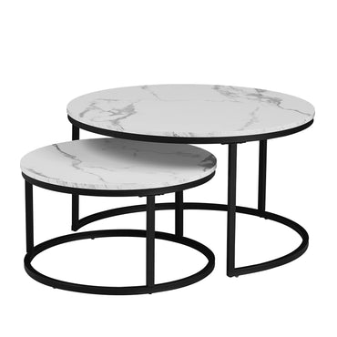 2 in 1 Marble Texture Coffee Table For Living Room Sofa Side Round Tea Desk Wooden Combination Furniture Metal Bracket Black