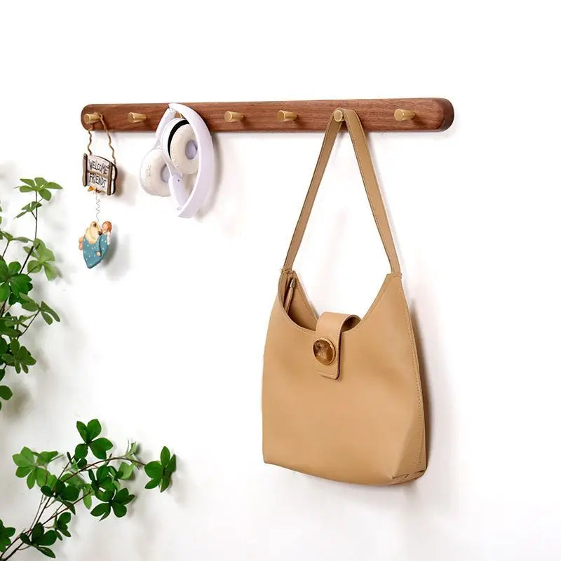 Black Walnut Solid Wood Brass Clothes Hook Entrance Foyer Coat Racks Wall Hanging Scarf Hats Keys Storage Shelf Furniture Decor