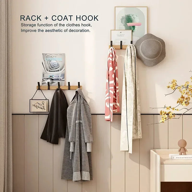 Bamboo Rack with Movable Aluminum Hooks No Need to Drill Coat Hat Clothing Hanger Wall-mounted Shelf for Bedroom Organization