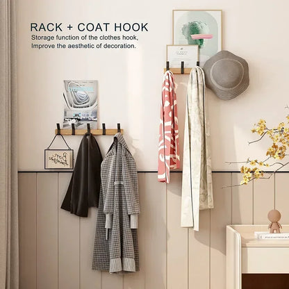 Bamboo Rack with Movable Aluminum Hooks No Need to Drill Coat Hat Clothing Hanger Wall-mounted Shelf for Bedroom Organization
